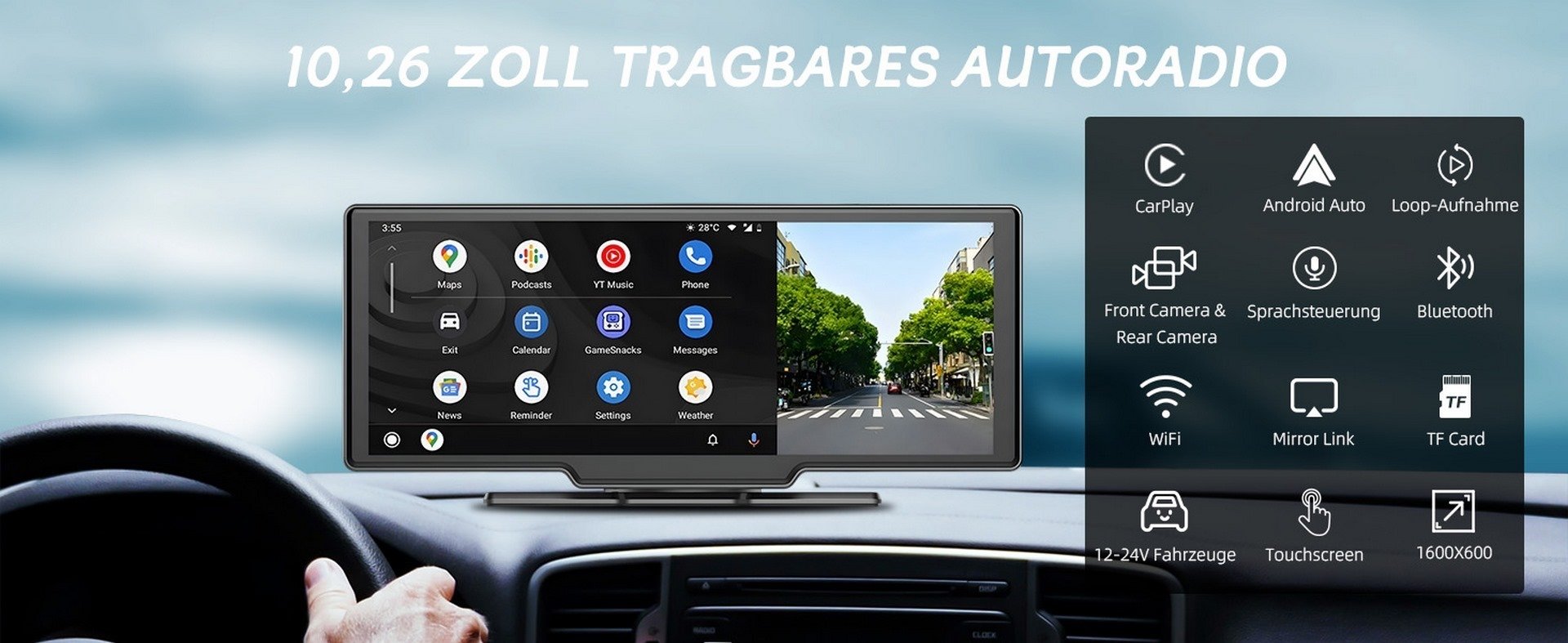 10,26 Zoll Android Auto Bildschirm Apple Carplay Display