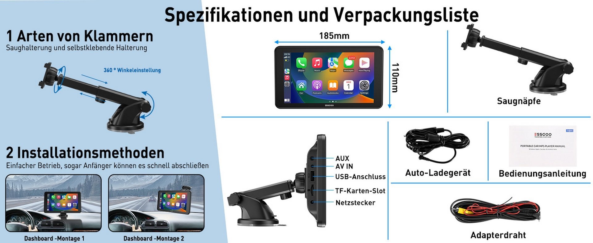 Tragbarer 7-Zoll-Apple Carplay Android Auto-Bildschirm/Monitor