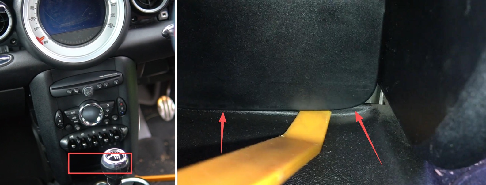 Lösen der kleinen inneren Abdeckung im Bereich des Ladeanschlusses beim MINI R60