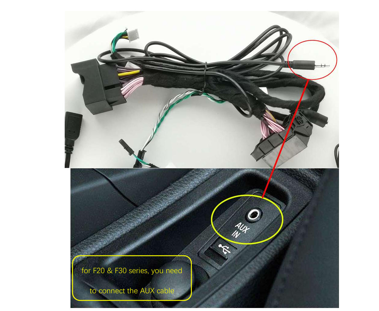 AUX-Anschluss in der Mittelarmlehne des BMW F30 für CarPlay