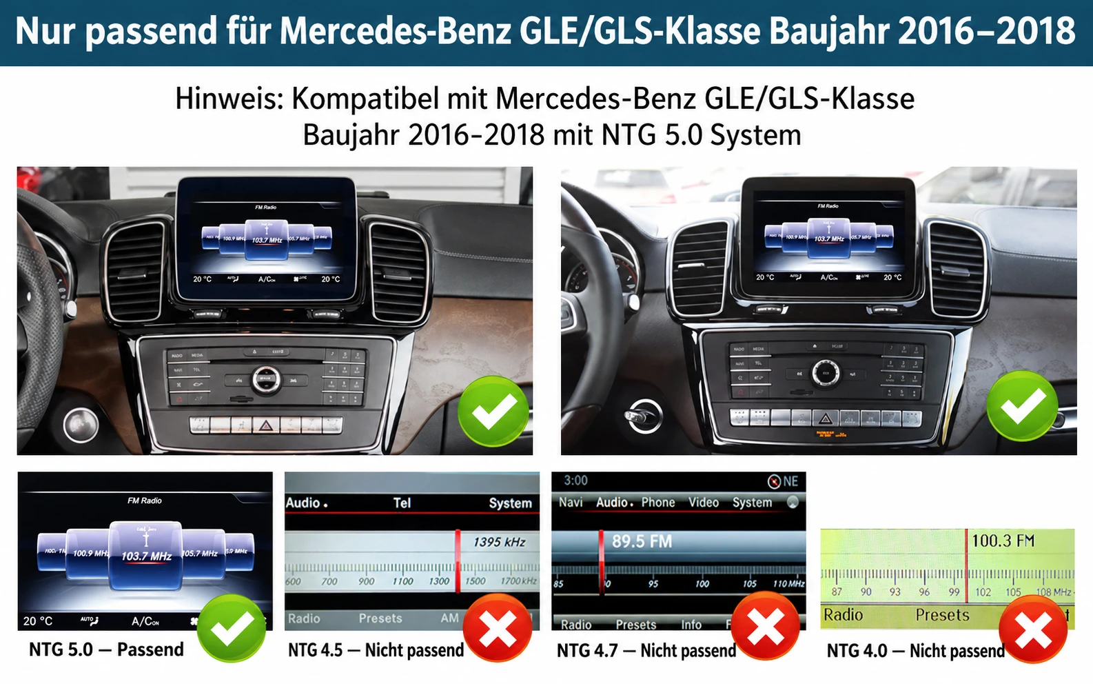 Kompatibel mit Mercedes-Benz GLE/GLS-Klasse Baujahr 2016-2018 mit NTG 5.0/5.1/5.2 System