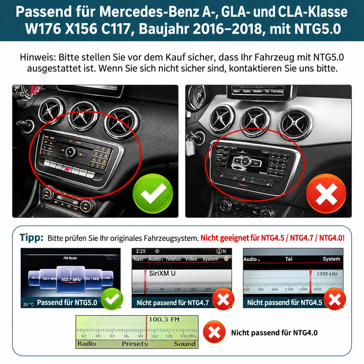 Kompatibel mit Mercedes A-Klasse, CLA & GLA (2016–2018) mit NTG 5.0/5.1/5.2