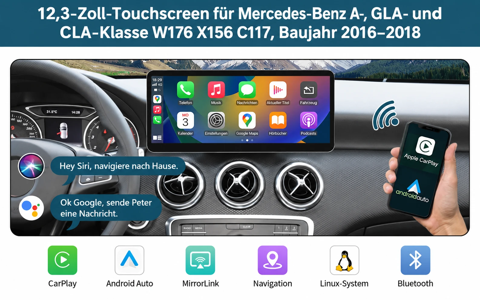12,3-Zoll-Touchscreen fur Mercedes-Benz A-, GLA-undCLA-Klasse W176 X156 C117, Bauiahr 2016-2018
