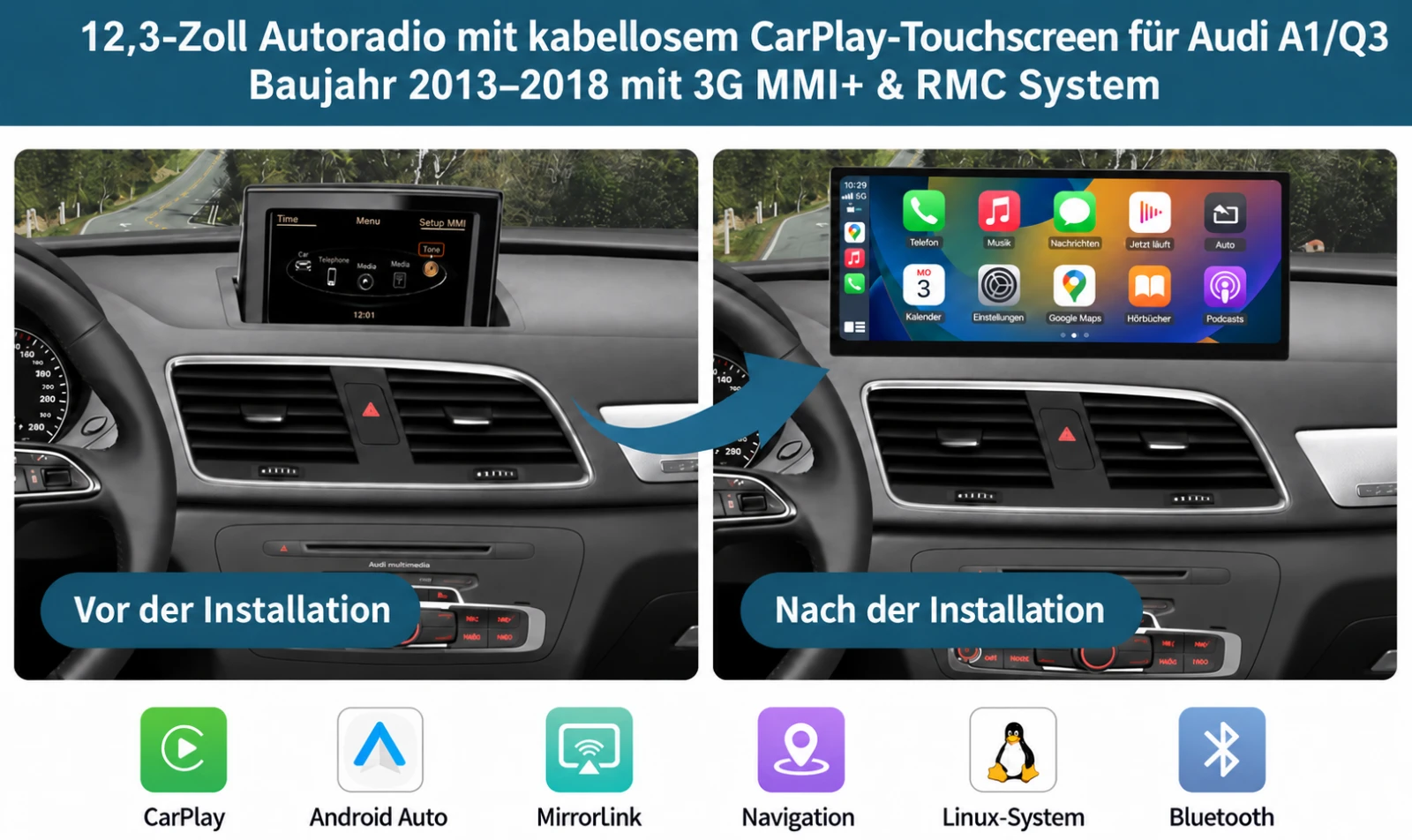 Vorher-Nachher-Vergleich beim Audi Q3: originaler MMI-Bildschirm und nachgerüsteter 12,3-Zoll-CarPlay-Touchscreen.