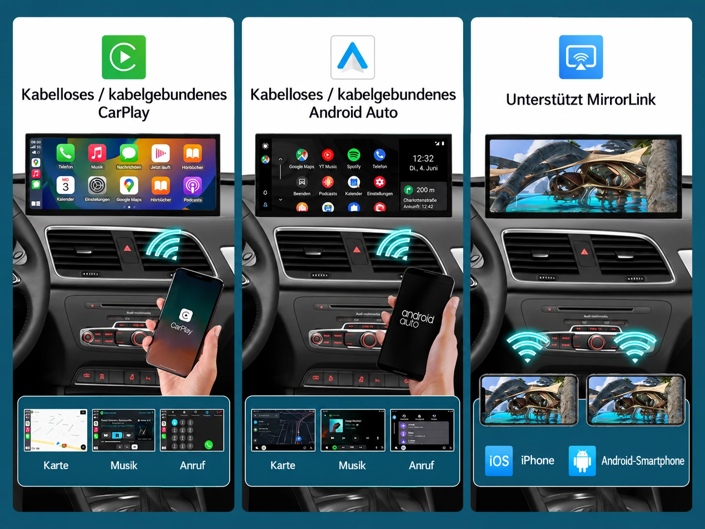 Linux-Touchscreen im Audi Q3 mit kabellosem und kabelgebundenem Apple CarPlay, Android Auto und MirrorLink.