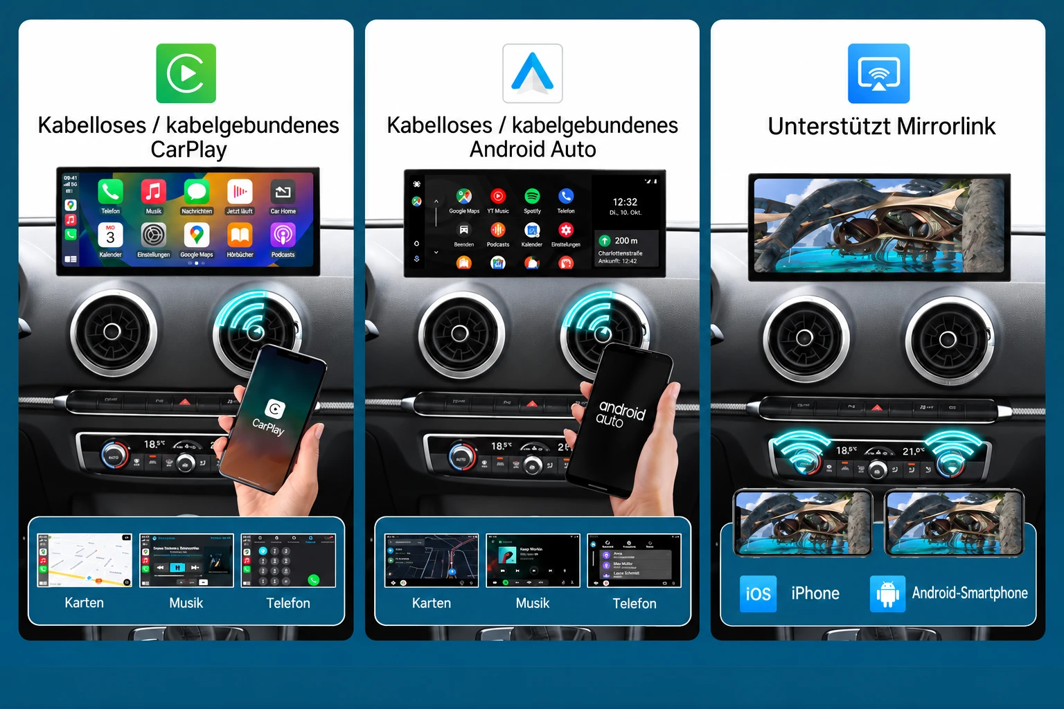 Audi A3/S3 Linux-Multimedia-Display mit Apple CarPlay, Android Auto und Smartphone-Spiegelung