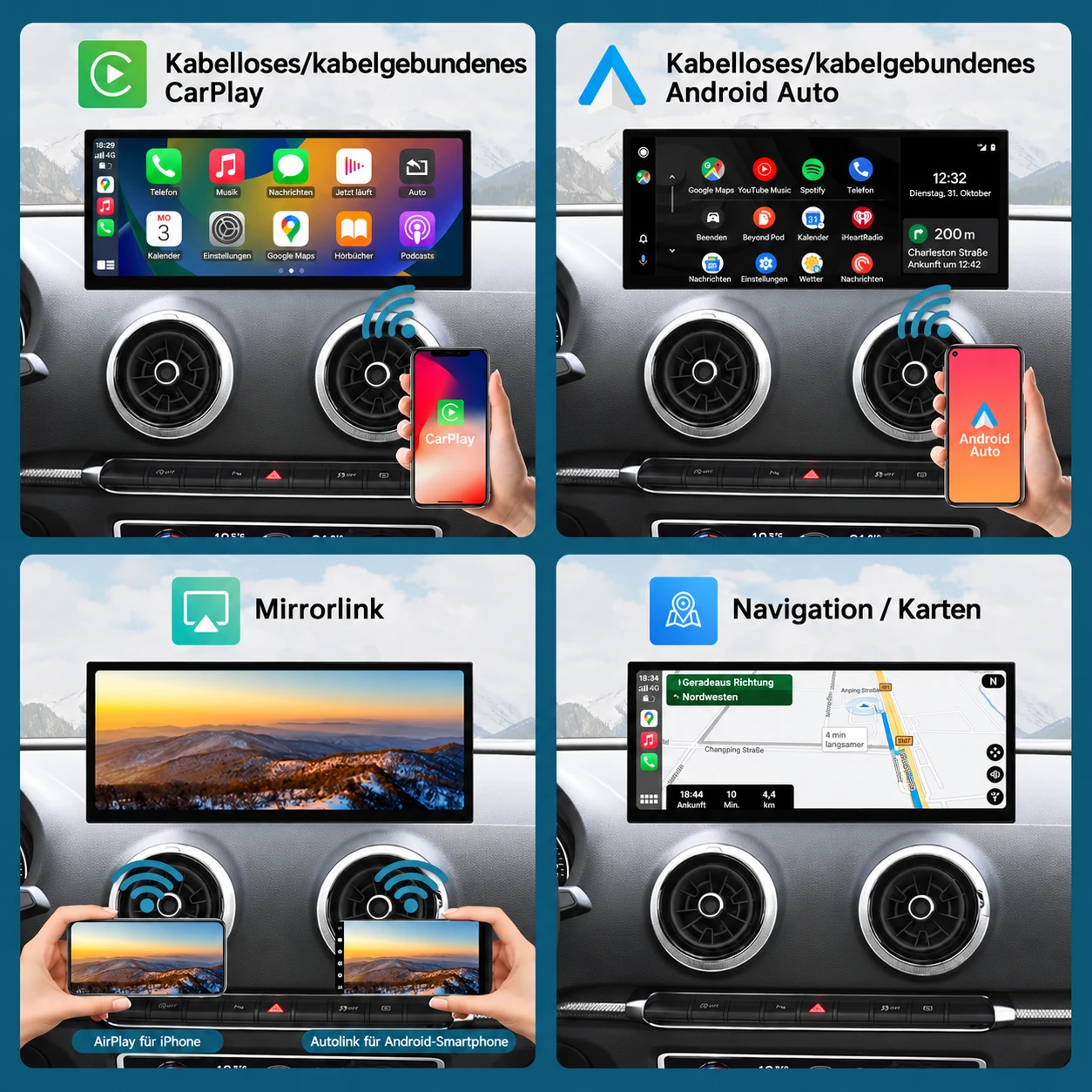 Audi A3/S3 CarPlay-Bildschirm mit kabellosem Apple CarPlay, Android Auto, Smartphone-Spiegelung und Navigation