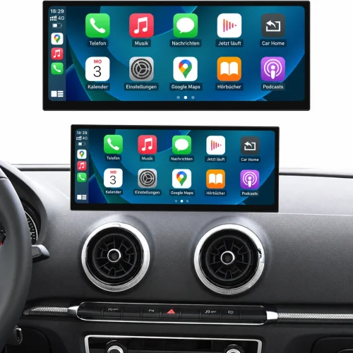 Nachgerüsteter CarPlay-Touchscreen im Audi A3 mit Apple CarPlay und originalem Armaturenbrett