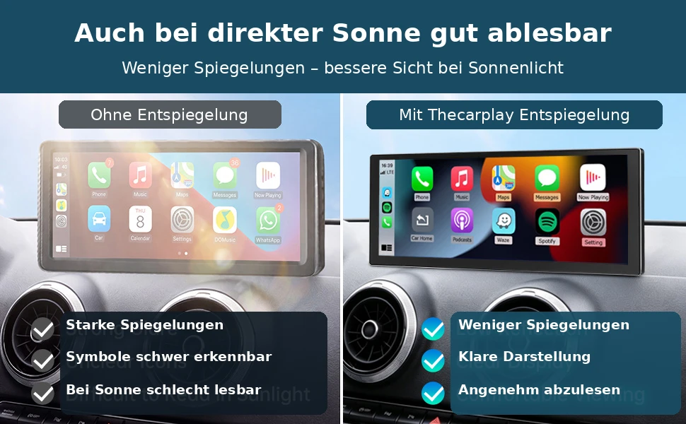 Vergleich eines normalen Bildschirms mit dem entspiegelten Thecarplay Touchscreen für Audi A3/S3