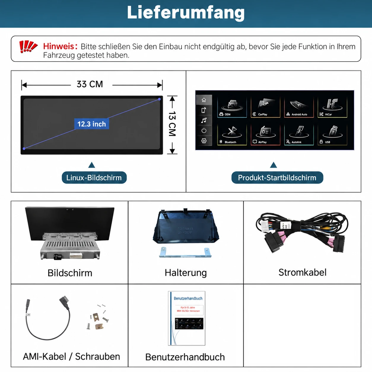 Lieferumfang des Audi A3/S3 Linux-Displays mit 12,3-Zoll-Bildschirm, Halterung, Kabeln und Zubehör