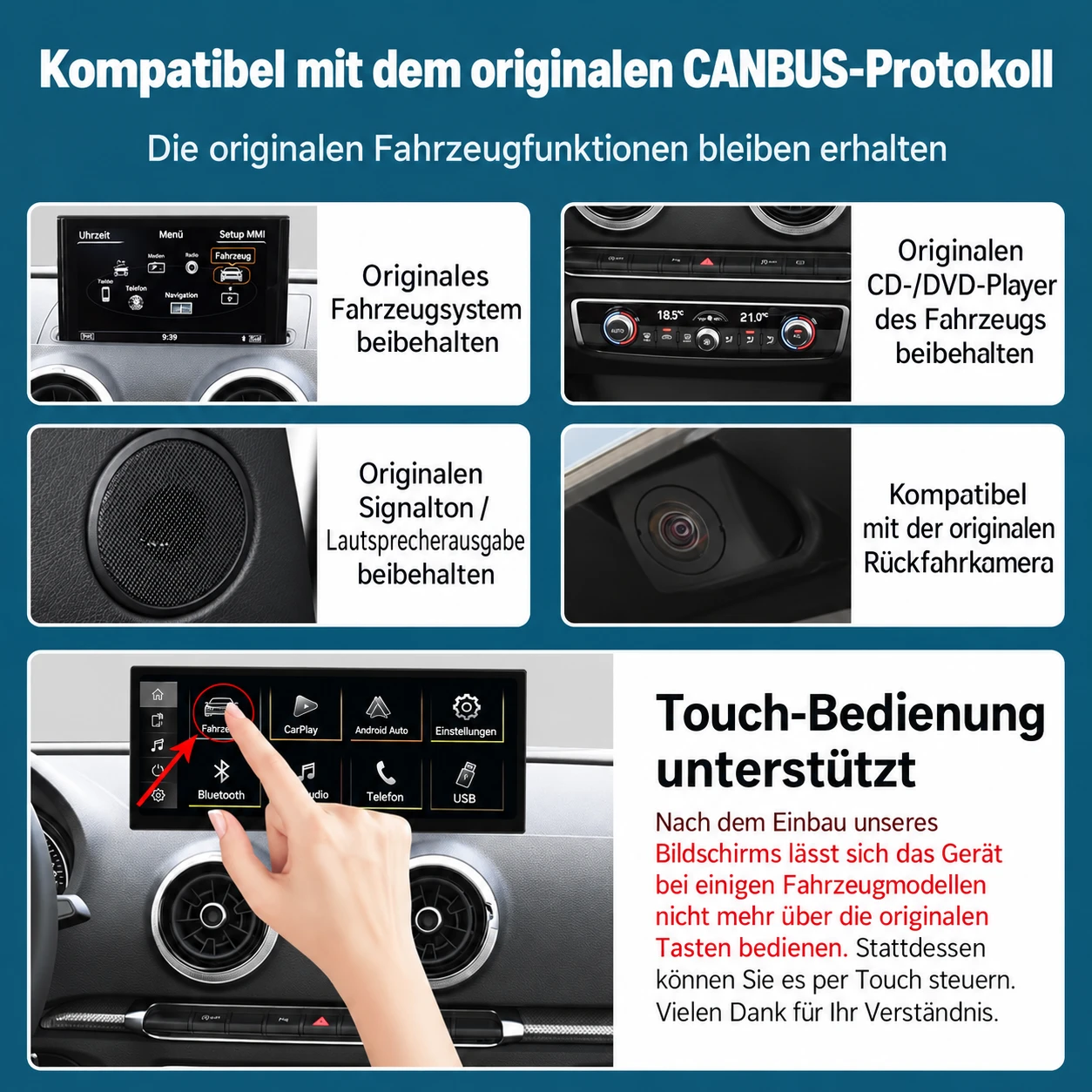 Audi A3/S3 Linux-Display mit Unterstützung für das originale MMI-System, Fahrzeugaudio und Rückfahrkamera
