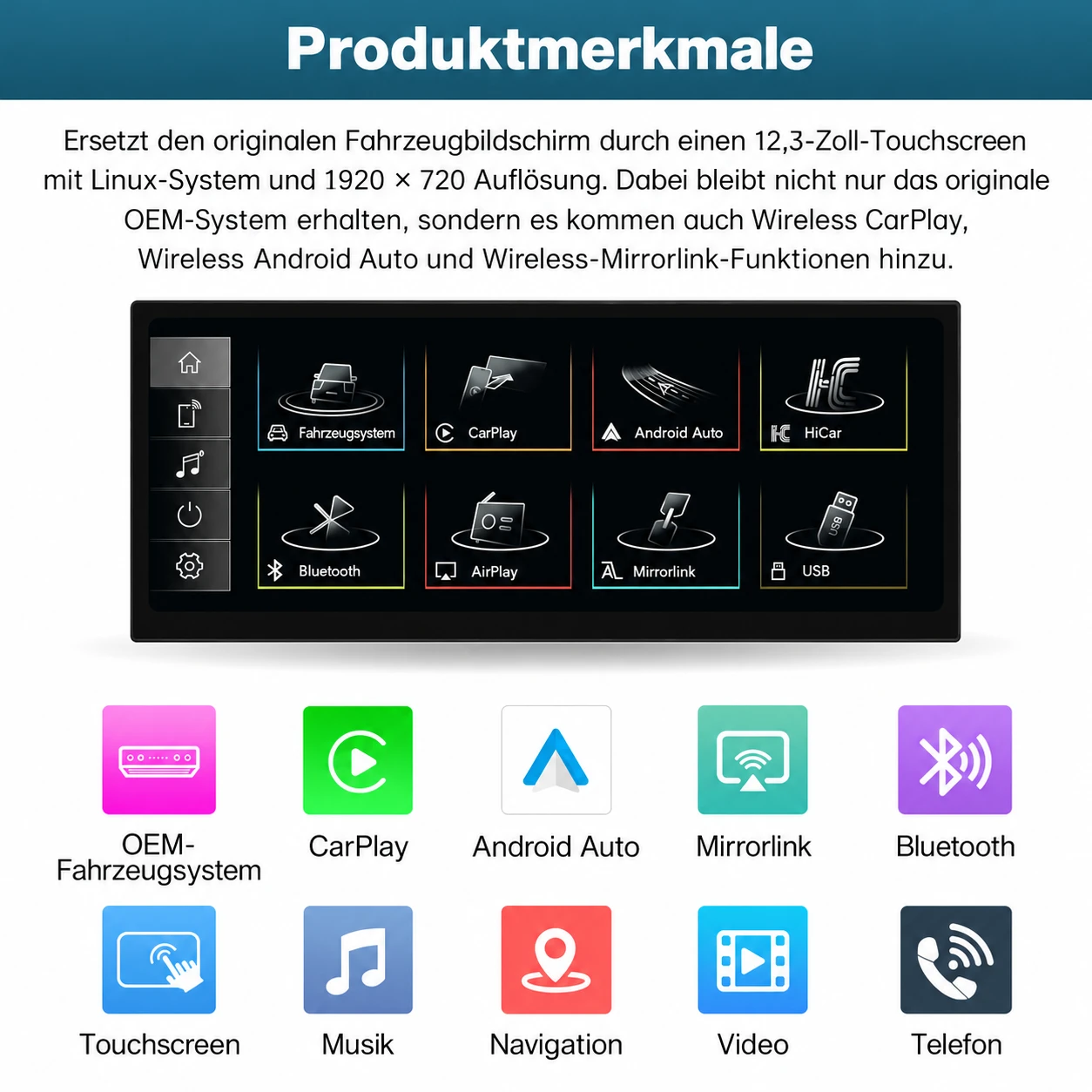 12,3-Zoll-Linux-Touchscreen für Audi A3/S3 mit Apple CarPlay, Android Auto, Bluetooth und Navigation