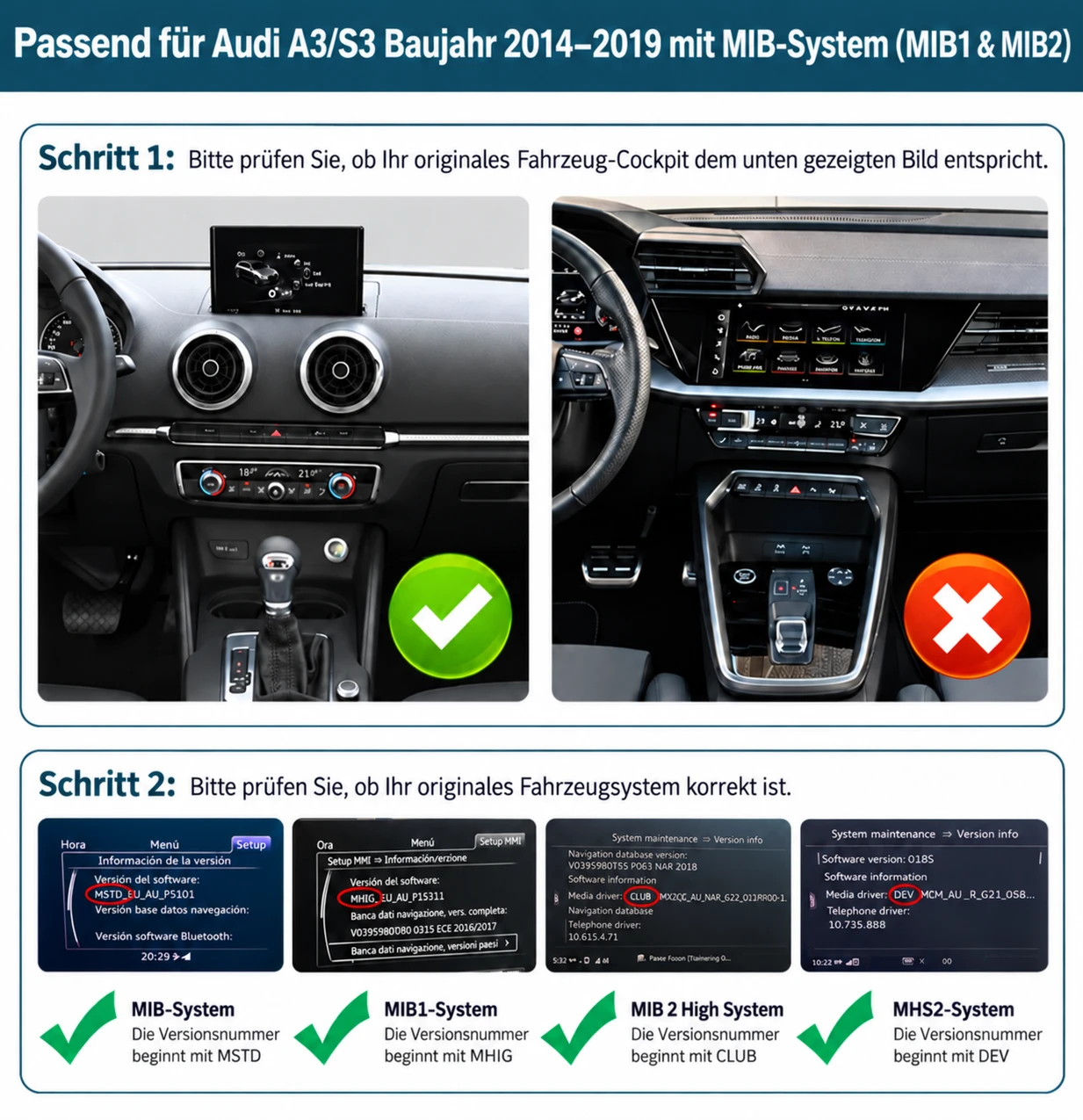 Audi A3/S3 MIB1- und MIB2-System erkennen anhand des Armaturenbretts und der Softwareversion