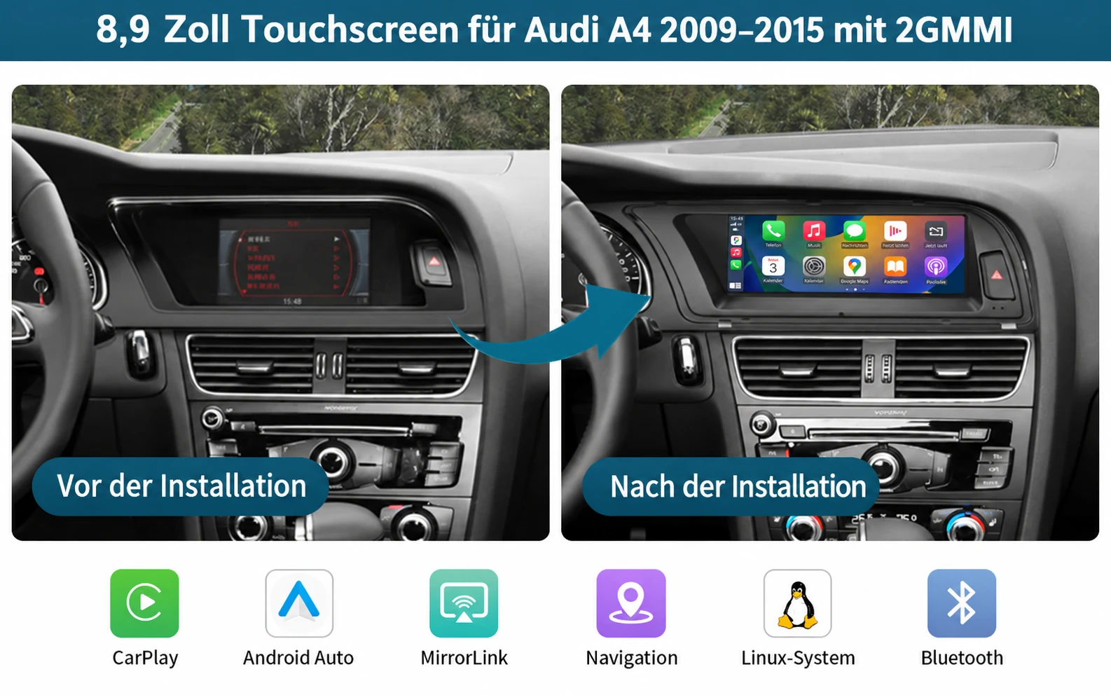 Audi A4 vor und nach der Nachrüstung eines 8,9-Zoll-Linux-Touchscreens mit Apple CarPlay