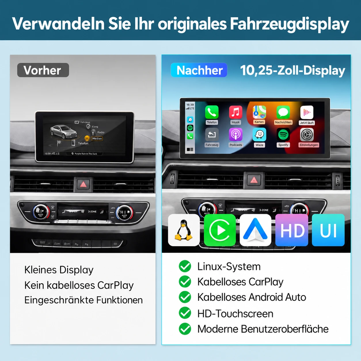 Audi A4 A5 Originaldisplay im Vergleich zum nachgerüsteten 10,25-Zoll-Linux-Touchscreen mit Apple CarPlay
