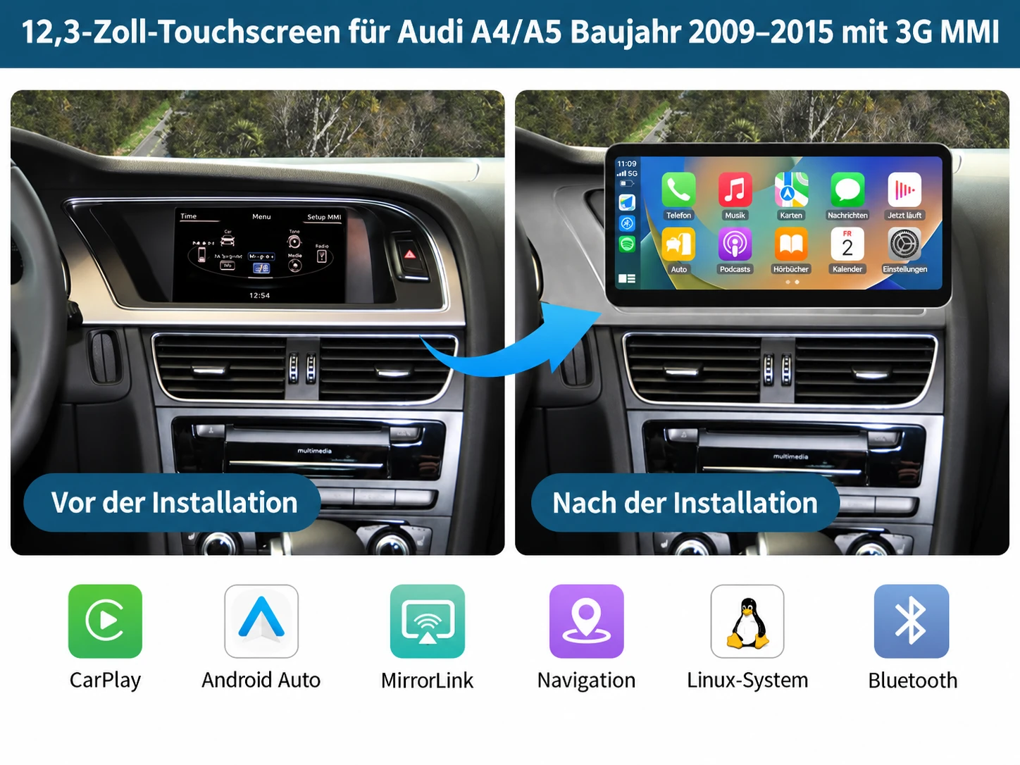 Audi A4 und A5 mit MMI 3G vor und nach der Nachrüstung eines 12,3-Zoll-Linux-CarPlay-Touchscreens