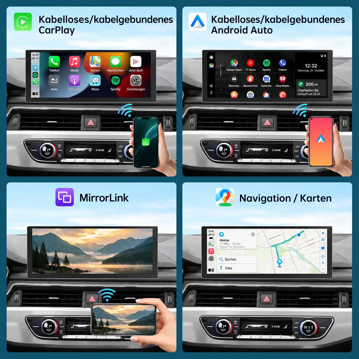 Audi A4 A5 Linux-Touchscreen mit kabellosem Apple CarPlay, Android Auto, Smartphone-Spiegelung und Navigation