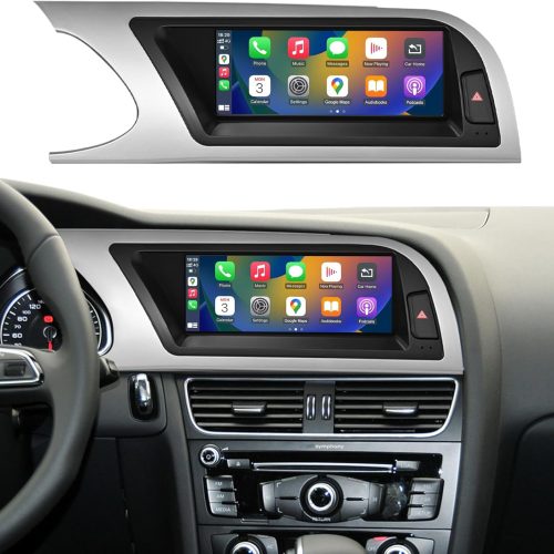 Audi CarPlay-Touchscreen mit silberner Einbaublende, passend zum Design des originalen Armaturenbretts