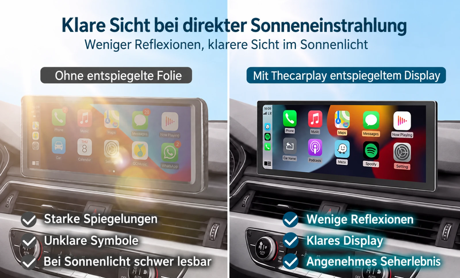 Vergleich der Bildschirmreflexionen bei Sonneneinstrahlung mit und ohne entspiegeltes Thecarplay Display