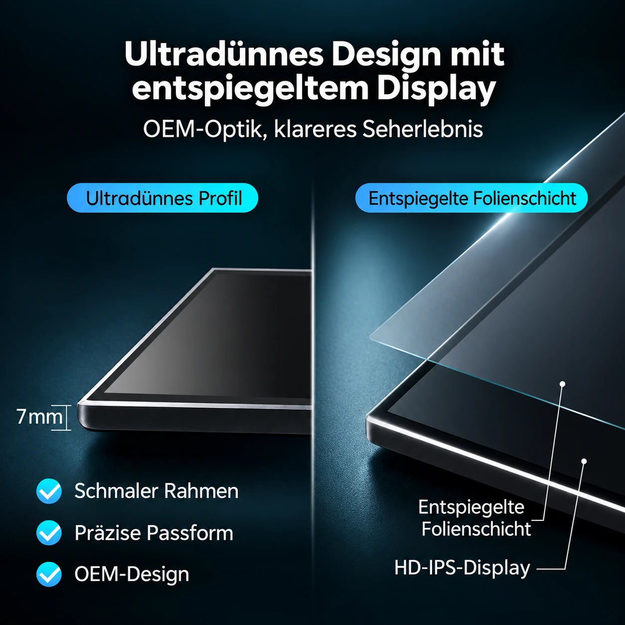 Ultradünnes CarPlay-Display für Audi A4 A5 mit schmalem Rahmen und entspiegelter Bildschirmoberfläche