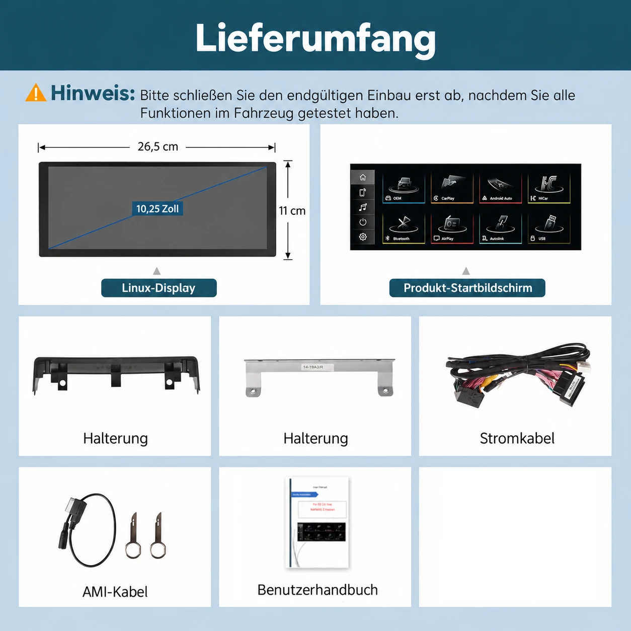Lieferumfang des Audi A4 A5 CarPlay Linux-Displays mit Bildschirm, Halterungen, Anschlusskabeln und Anleitung