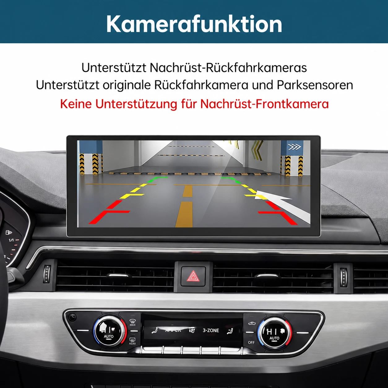 Audi A4 A5 Linux-Display mit Rückfahrkamera-Anzeige und farbigen Parkhilfslinien