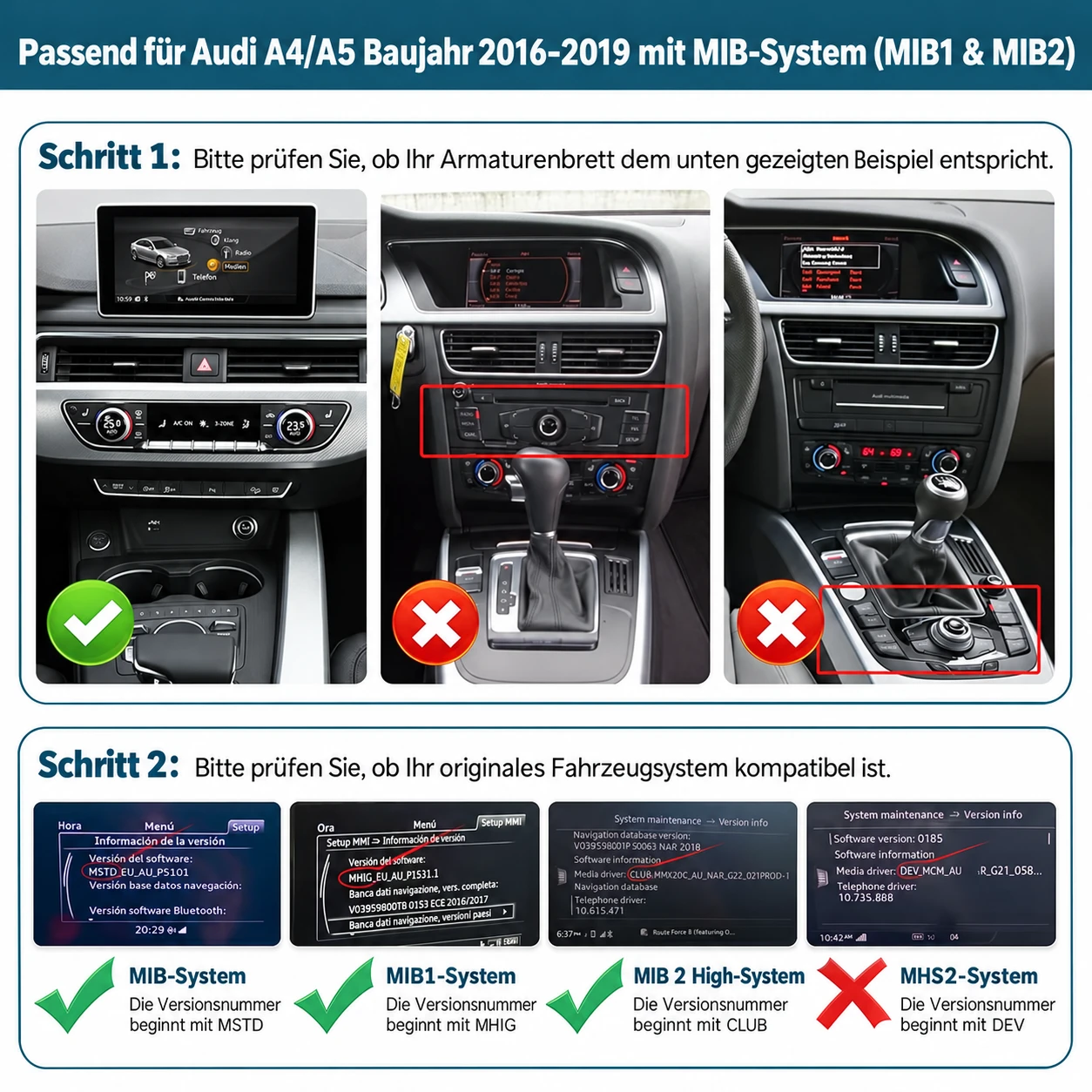 Kompatibilitätsprüfung für Audi A4 A5 2016–2019 anhand des Armaturenbretts und der MIB-Softwareversion