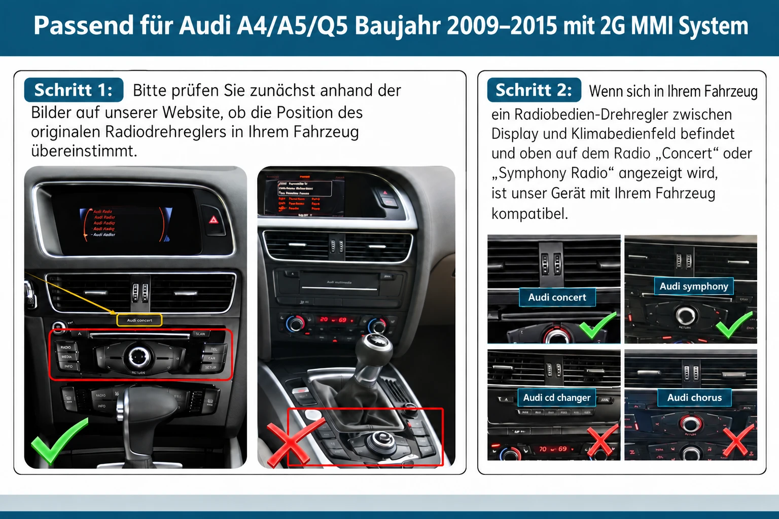 Anleitung zur Prüfung der Audi A4, A5 und Q5 Kompatibilität anhand der Concert- und Symphony-Radiobedienung
