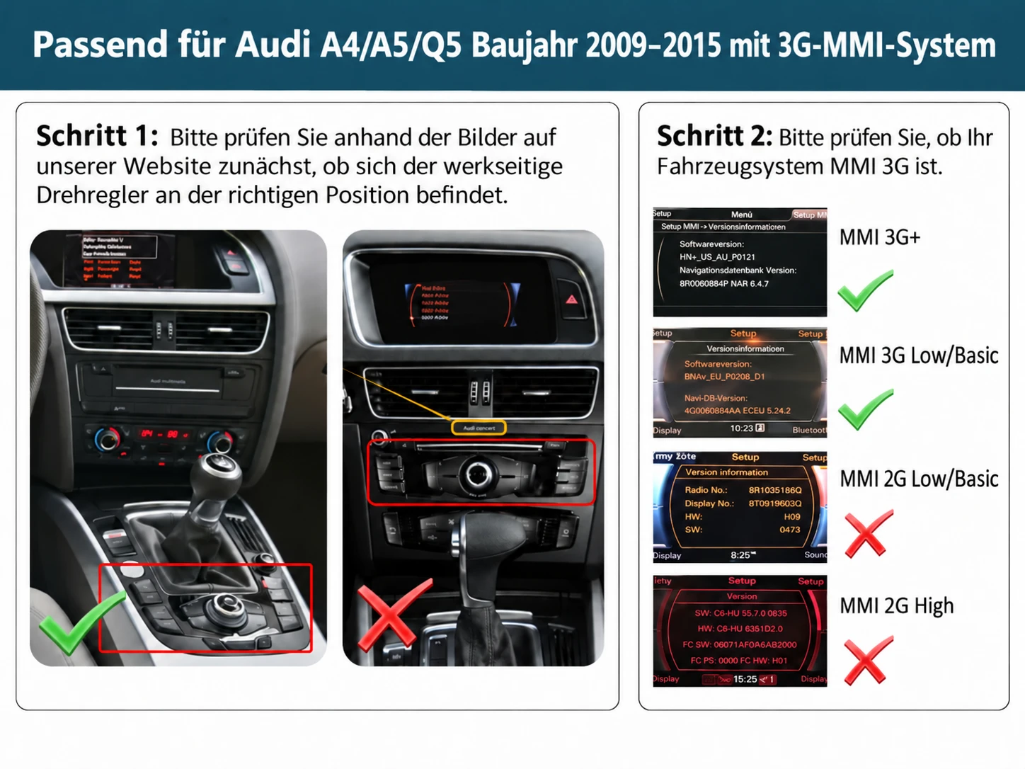 Audi MMI-System erkennen: Vergleich von MMI 3G, MMI 3G+, MMI 2G und der Position des Drehreglers