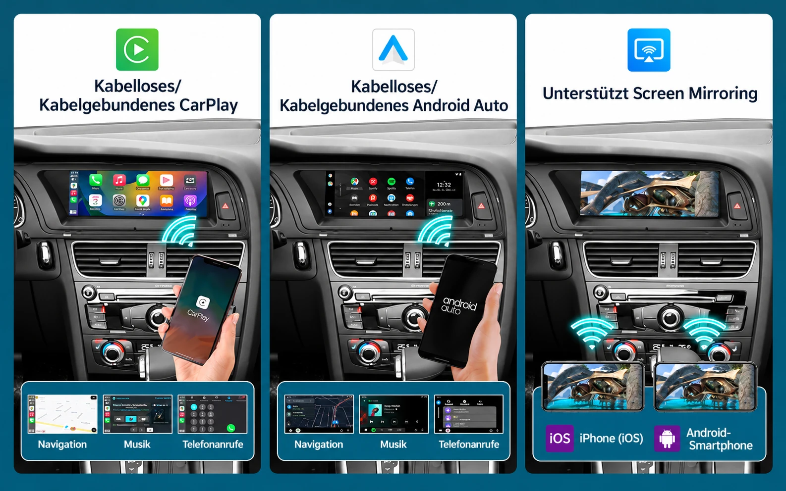 Kabelloses Apple CarPlay, Android Auto und Smartphone-Bildschirmspiegelung auf dem Audi Linux-Display