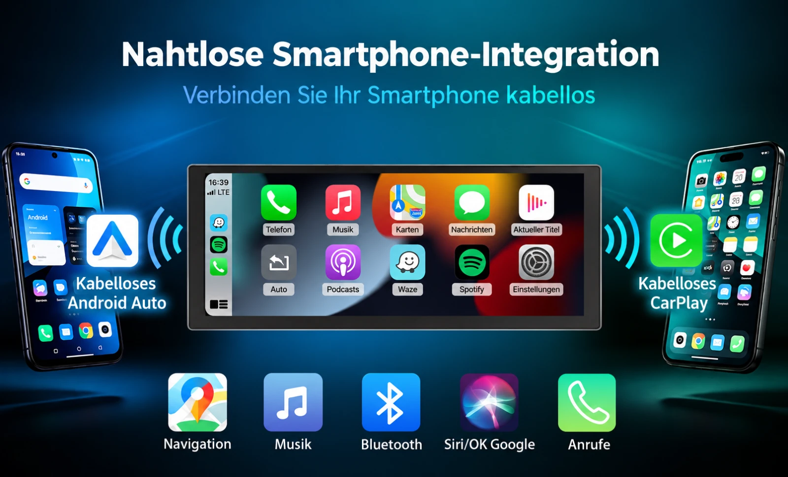 Kabelloses Apple CarPlay und Android Auto auf dem Audi A4 A5 Linux-Touchscreen mit Navigation, Musik und Sprachsteuerung