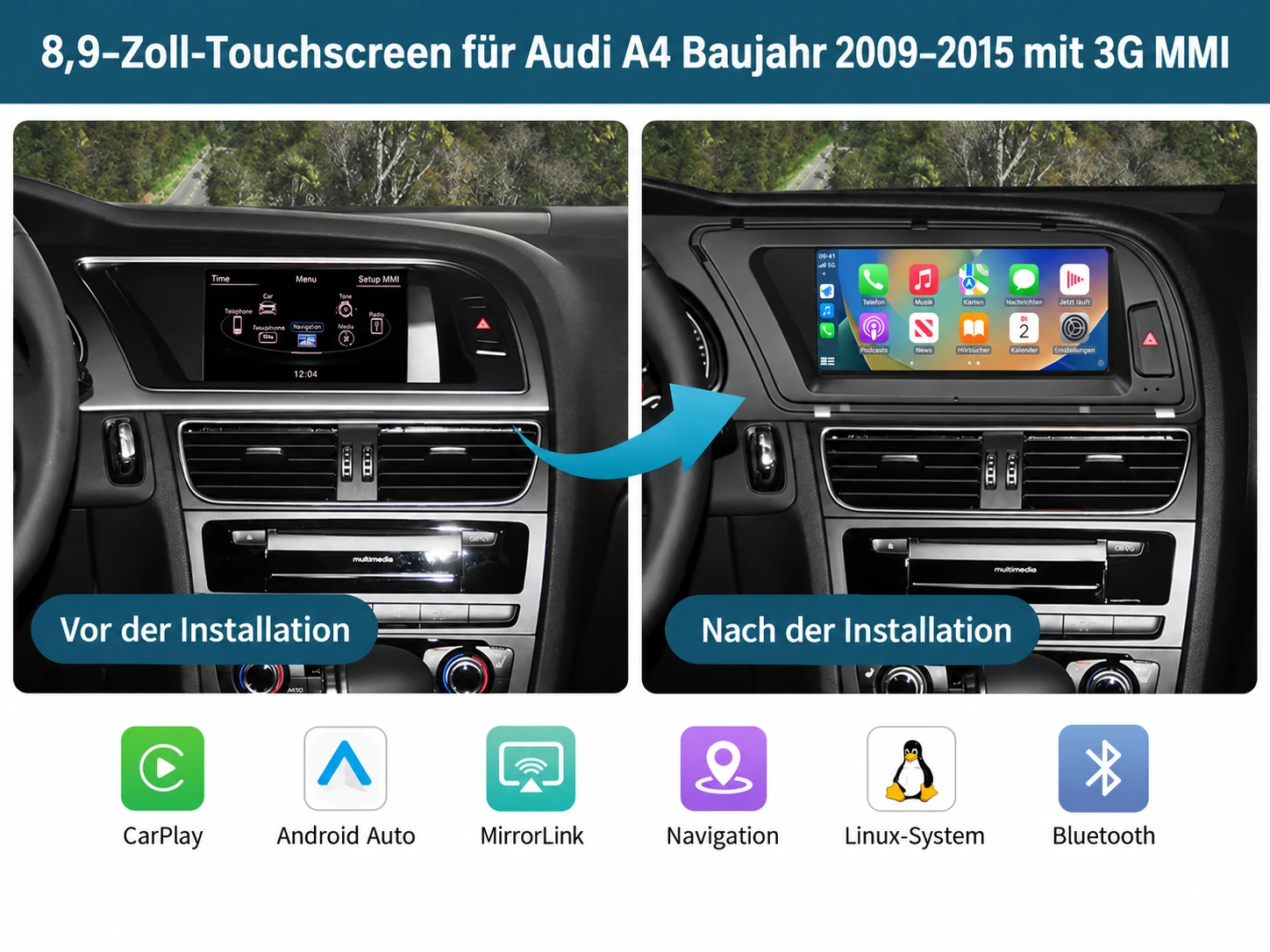 Audi A4 mit originalem MMI-Bildschirm und nachgerüstetem 8,9-Zoll-Linux-CarPlay-Display im Vergleich