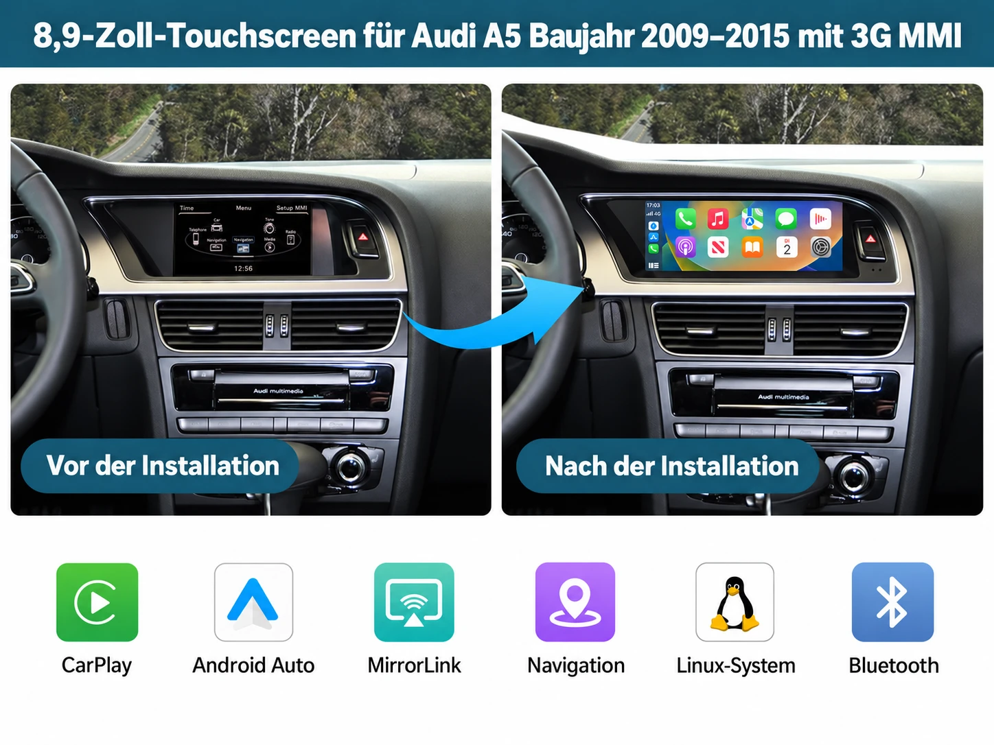 Audi A5 mit 8,9-Zoll-CarPlay-Touchscreen im Vergleich zum originalen MMI-Fahrzeugbildschirm
