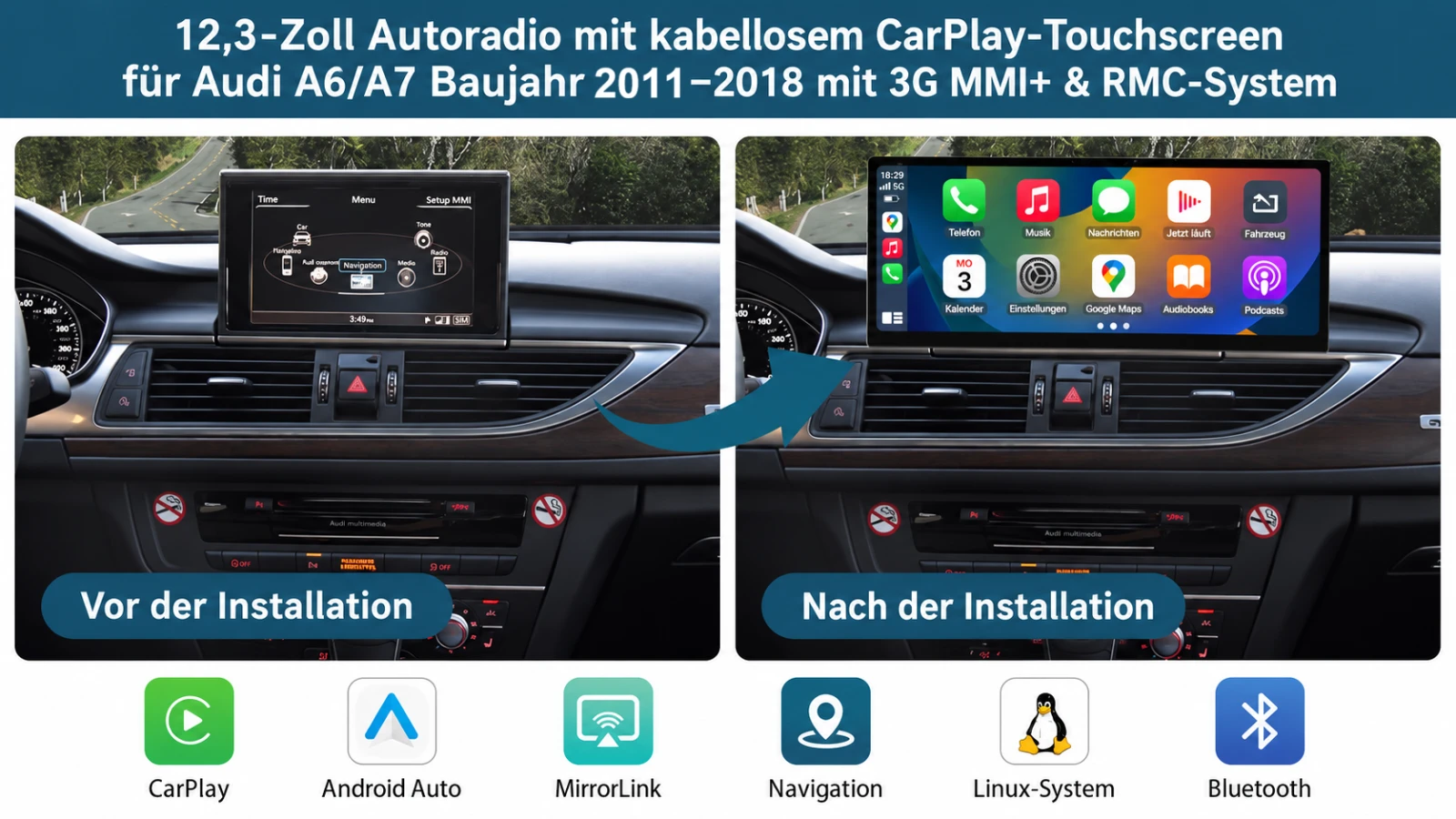 Vorher-Nachher-Vergleich beim Audi A6/A7: originaler MMI-Bildschirm und nachgerüsteter 12,3-Zoll-CarPlay-Touchscreen