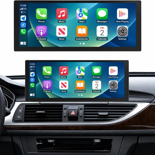 Nachgerüsteter 12,3-Zoll-CarPlay-Touchscreen im Armaturenbrett eines Audi A6/A7