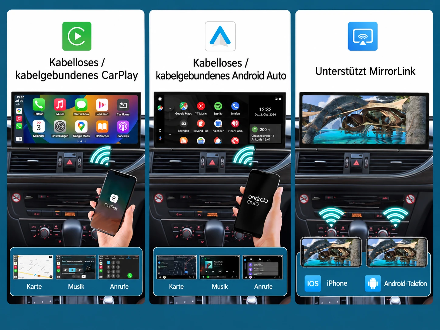Audi A6/A7 Linux-Touchscreen mit kabellosem und kabelgebundenem Apple CarPlay, Android Auto und MirrorLink