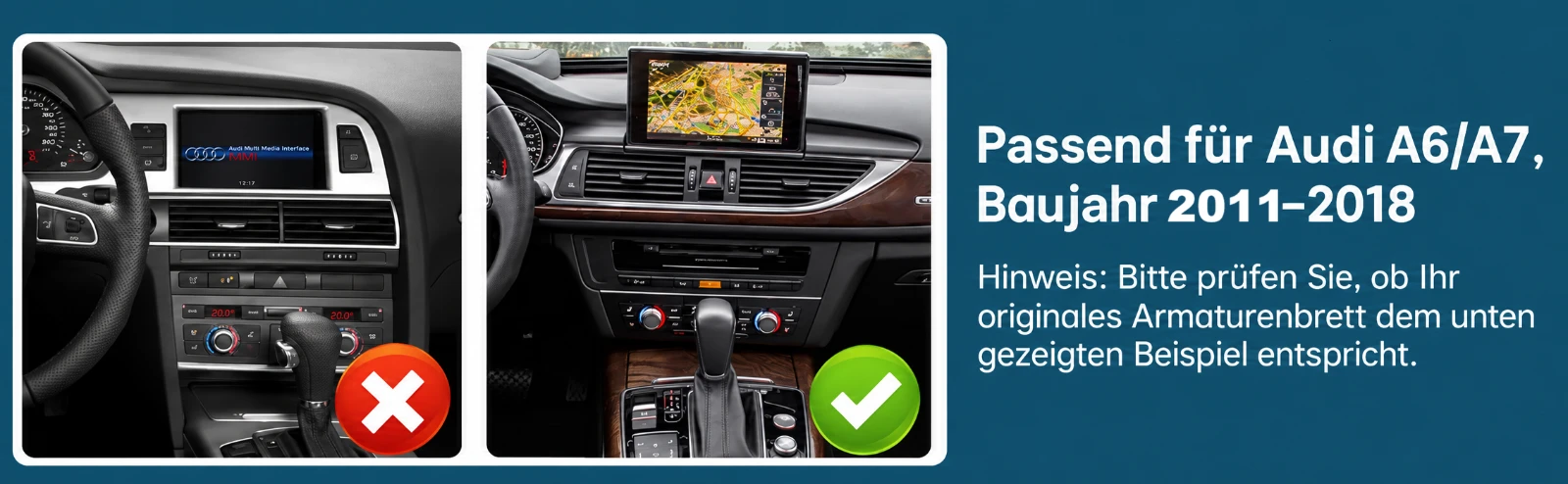 Vergleich kompatibler und nicht kompatibler Armaturenbretter für den Audi A6/A7 Linux-Touchscreen