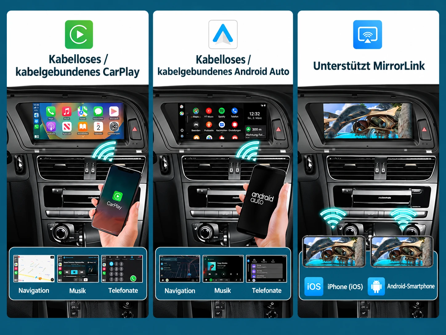 Audi Linux-Display mit kabellosem und kabelgebundenem Apple CarPlay, Android Auto und MirrorLink
