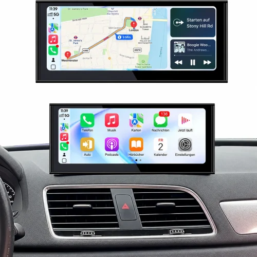 Breiter CarPlay-Touchscreen im Audi A1/Q3 mit Navigationskarte, Musiksteuerung und Smartphone-Apps.