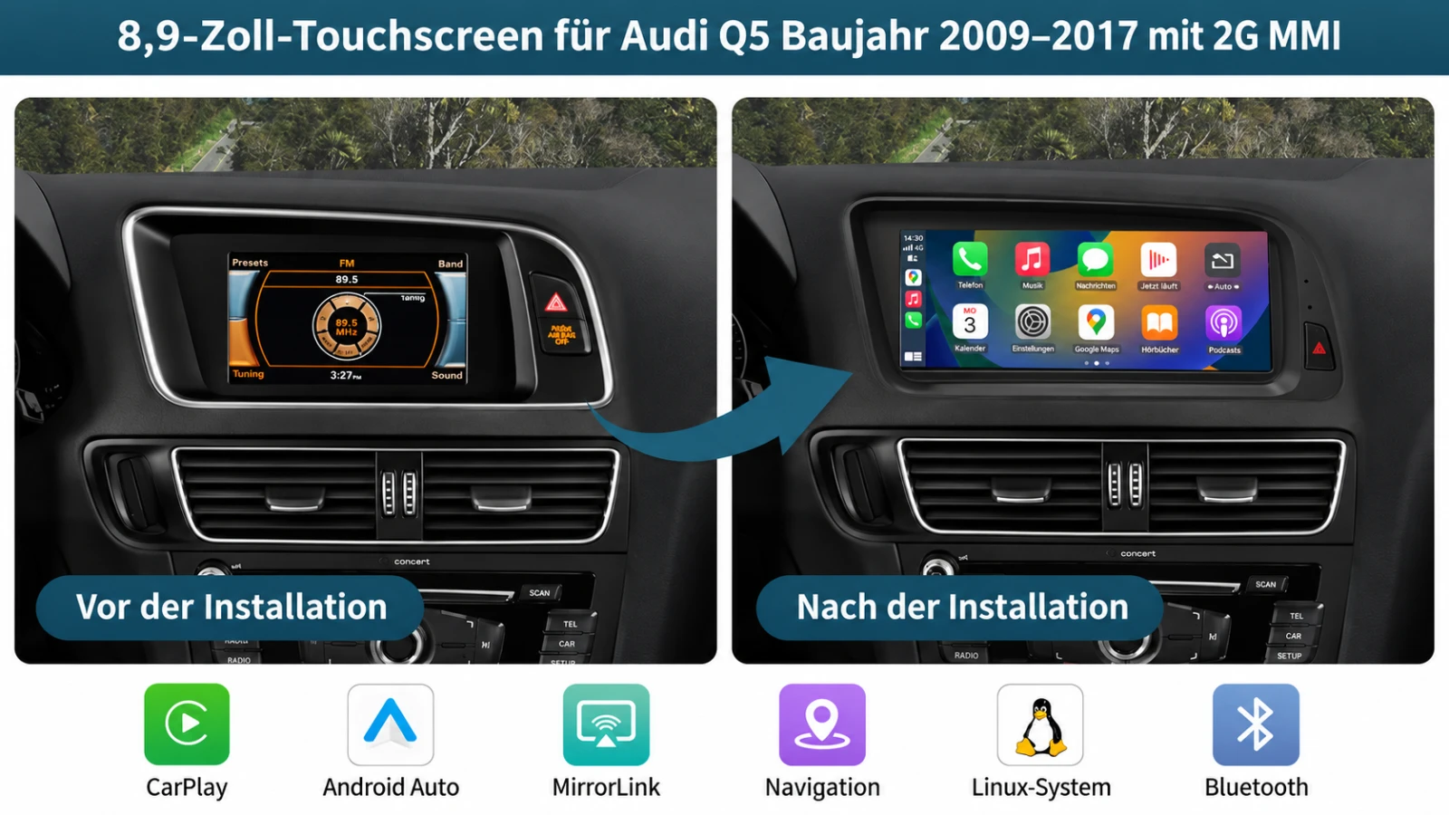 Audi Q5 mit originalem Bildschirm und nachgerüstetem 8,9-Zoll-CarPlay-Touchscreen im Vergleich