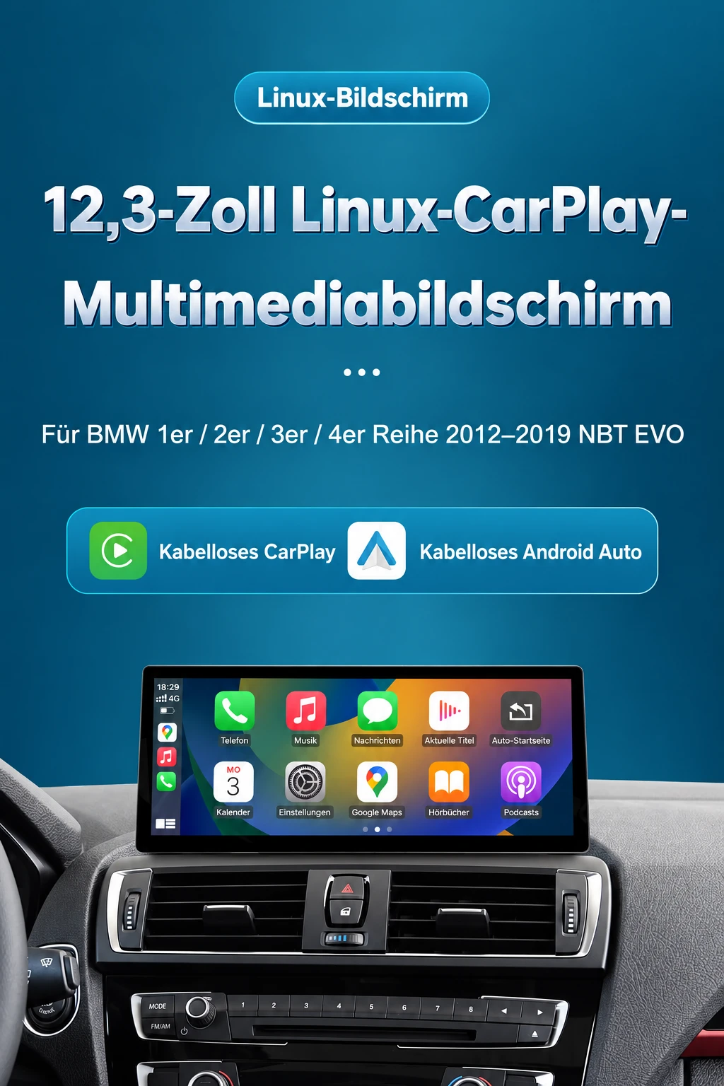 BMW 1er und 2er F20 F21 F22 F23 mit 12,3-Zoll-Linux-Touchscreen und kabellosem Apple CarPlay und Android Auto