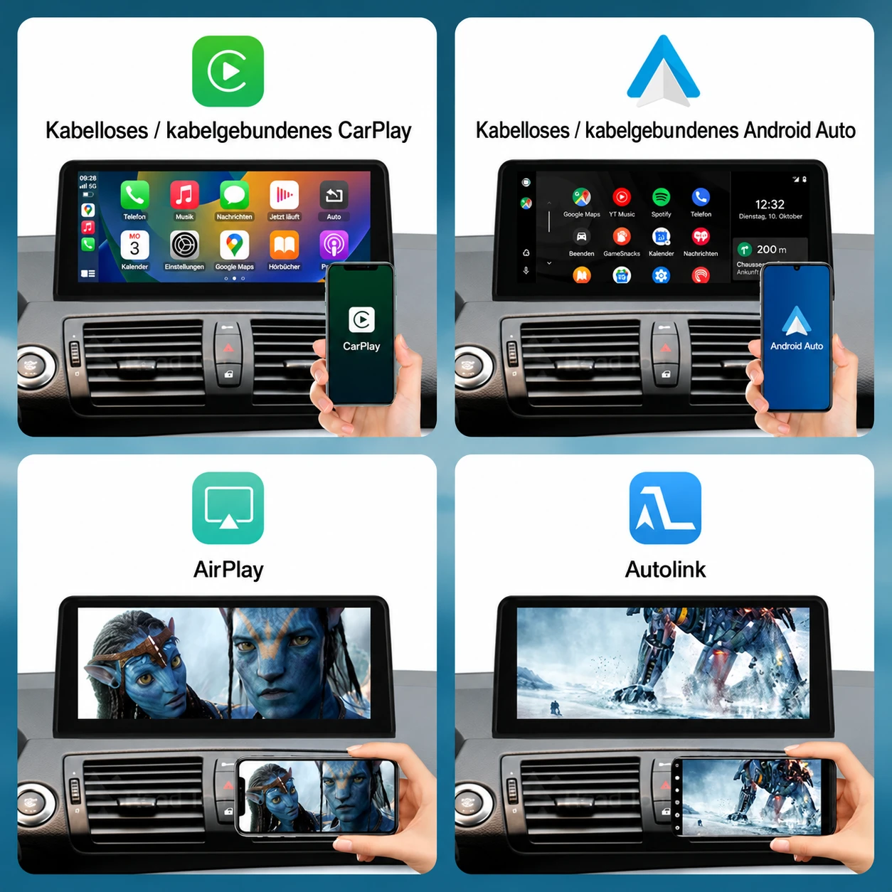 BMW 1er Touchscreen mit kabellosem und kabelgebundenem Apple CarPlay, Android Auto, AirPlay und AutoLink