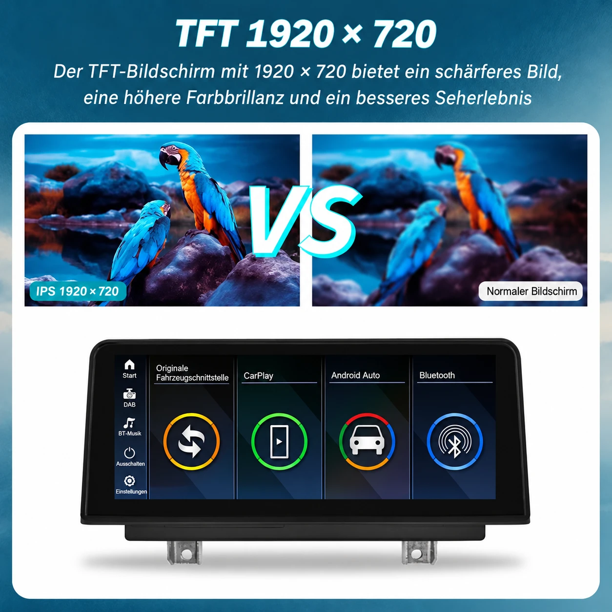 Hochauflösendes BMW 1er CarPlay-Display mit 1920 × 720 Pixeln für eine klare und detailreiche Darstellung