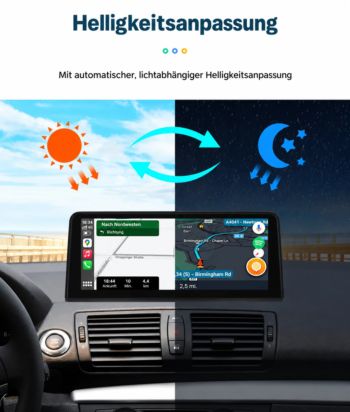 Linux-CarPlay-Display für BMW 1er mit automatischer Helligkeitsanpassung für eine angenehme Darstellung bei Tag und Nacht.