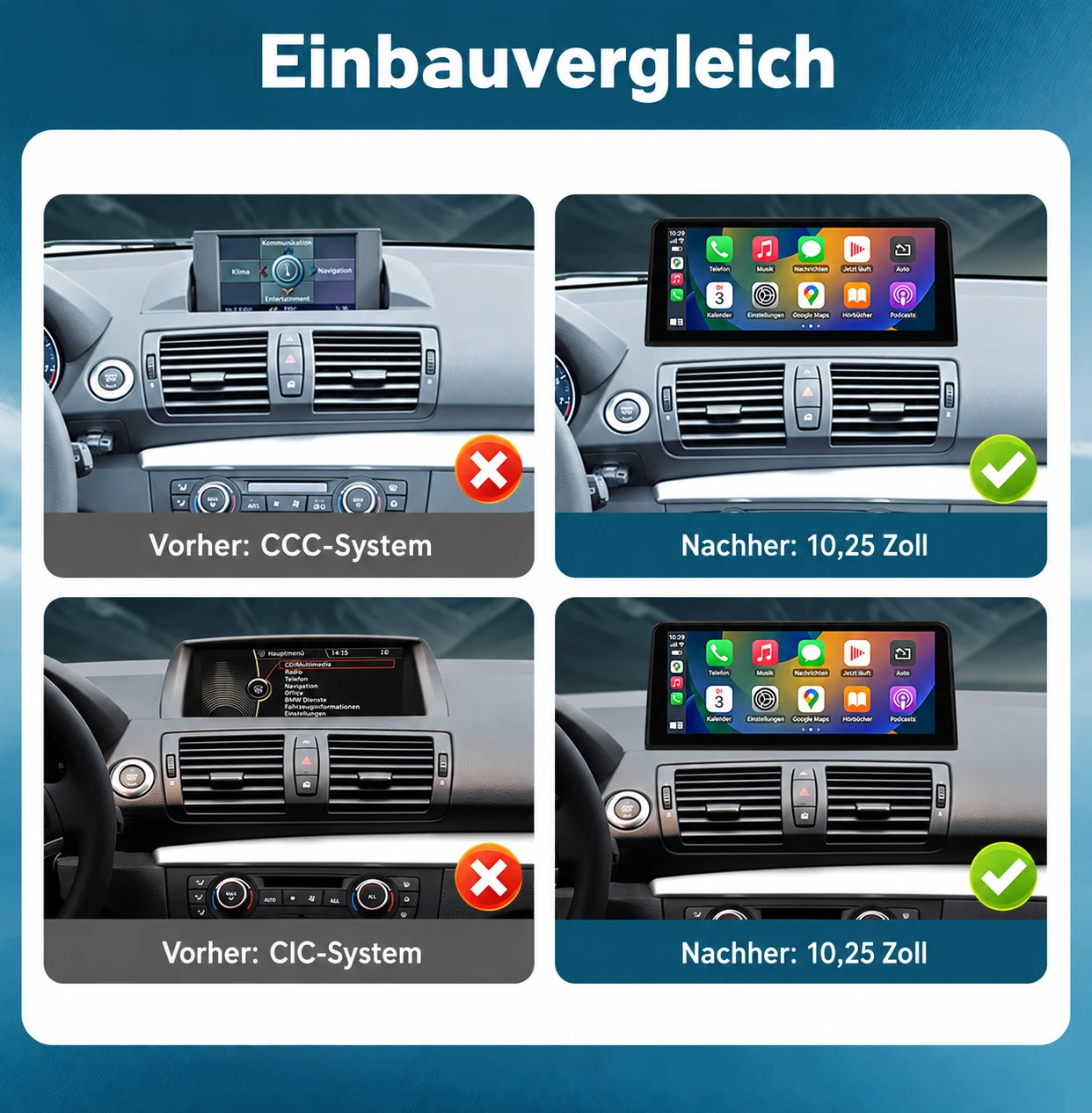 Vorher-Nachher-Vergleich beim BMW 1er mit CCC- und CIC-System: Originaldisplay und nachgerüsteter 10,25-Zoll-Linux-Touchscreen mit Apple CarPlay.