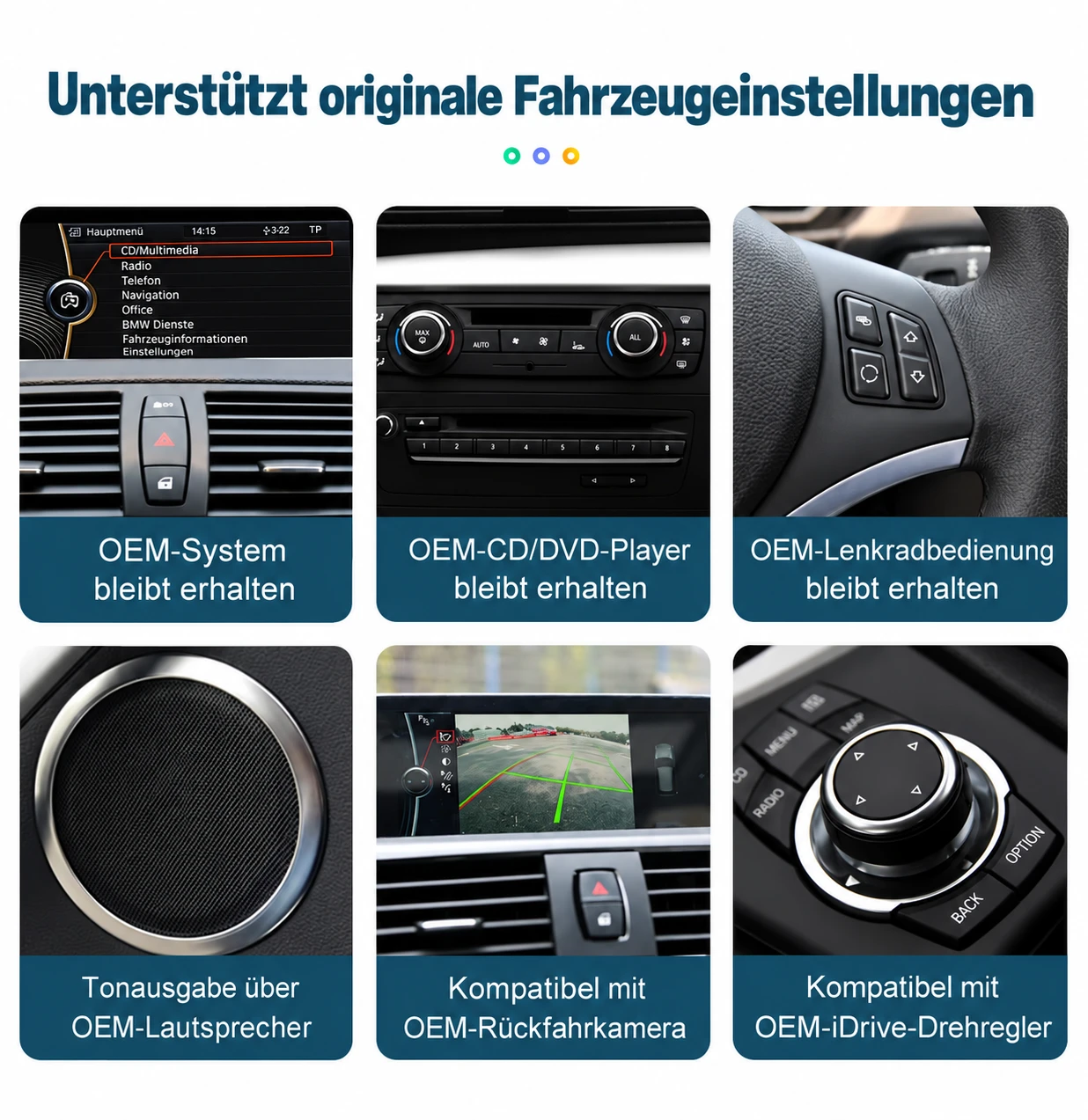 BMW 1er CarPlay-Nachrüstung mit Erhalt des originalen CCC- oder CIC-Systems sowie Unterstützung für iDrive, Lenkradtasten, OEM-Lautsprecher und Rückfahrkamera.