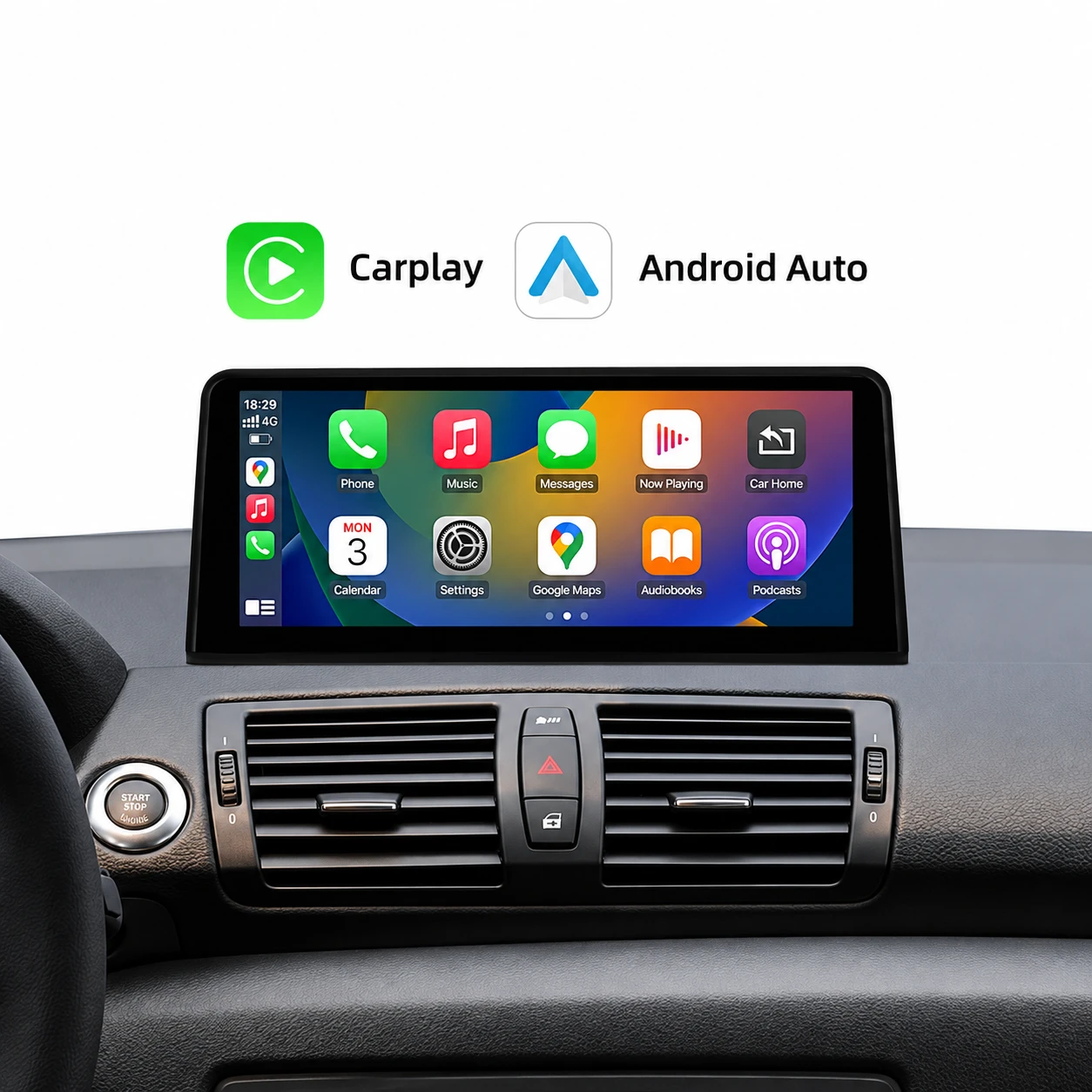 Nachgerüstetes Linux-CarPlay-Display im Armaturenbrett eines BMW 1er mit Apple CarPlay und Android Auto