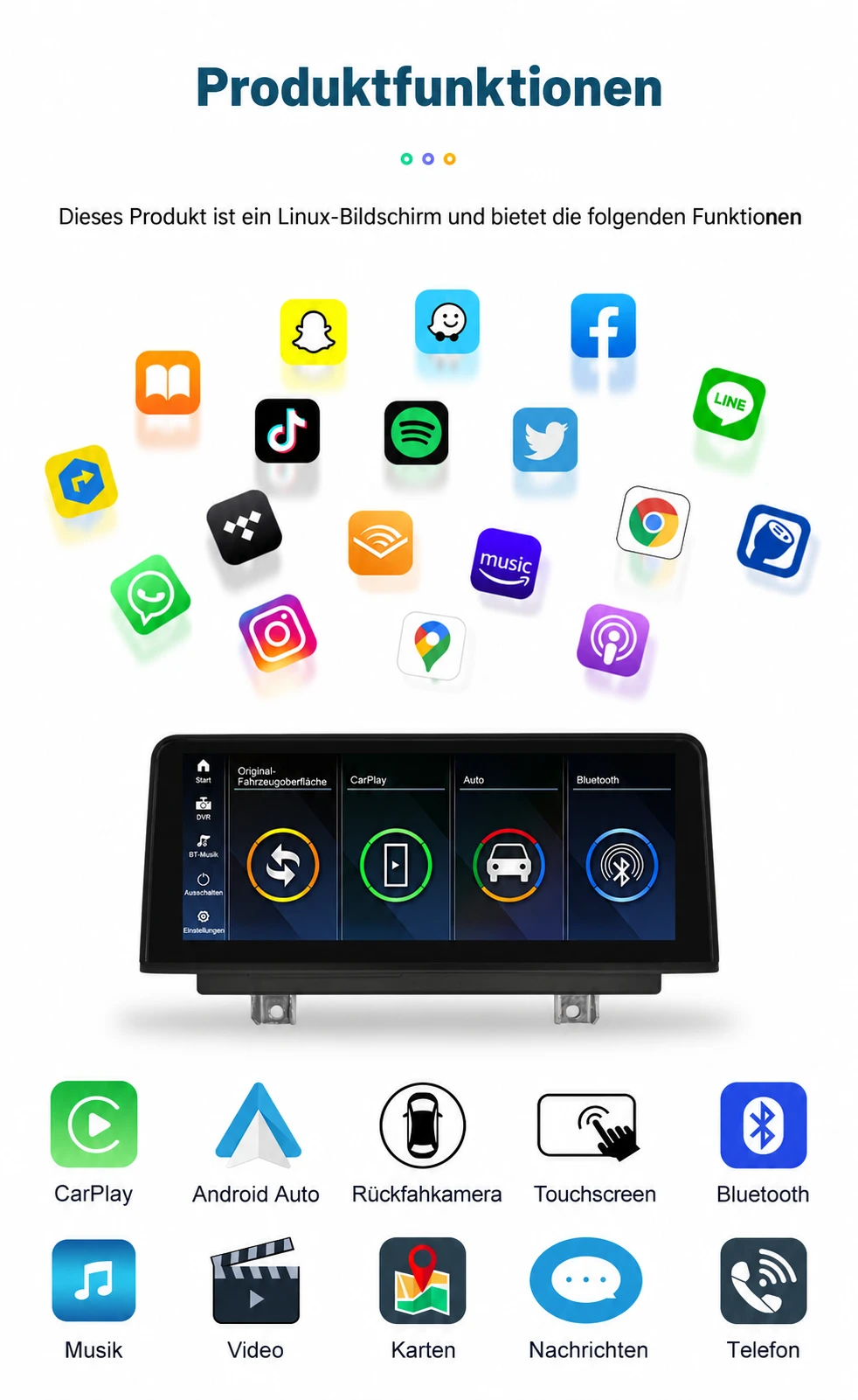 Funktionsübersicht des BMW 1er Linux-Touchscreens mit Apple CarPlay, Android Auto, Bluetooth, Navigation, Musik, Telefonie und Rückfahrkamera.