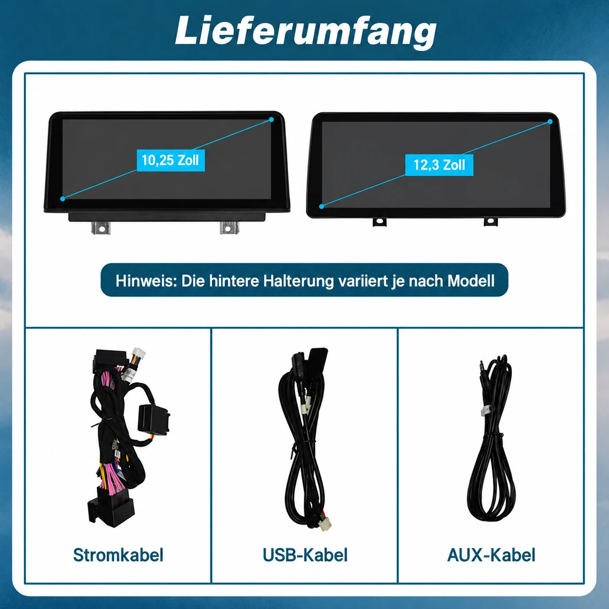 Lieferumfang des BMW 1er Linux-Displays mit 10,25- und 12,3-Zoll-Bildschirm sowie Strom-, USB- und AUX-Kabel