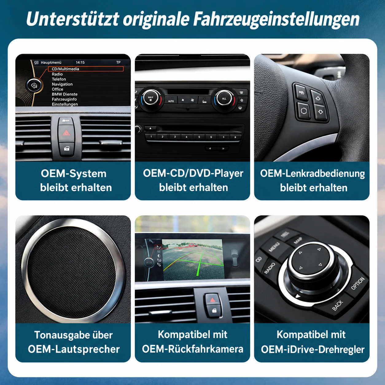 BMW 1er Linux-Display mit Unterstützung für originale Fahrzeugfunktionen, iDrive-Bedienung, Lenkradtasten und Rückfahrkamera
